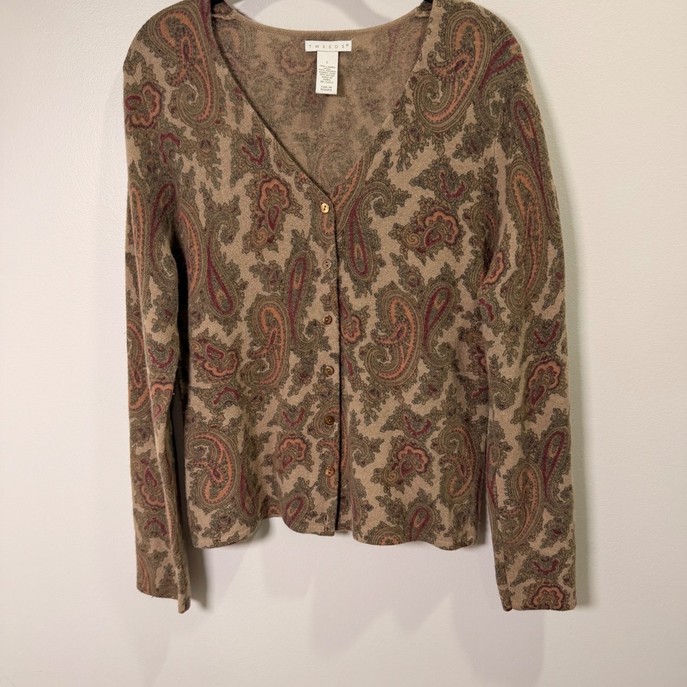 Lambs Wool Angora Paisley Button Front Sweater Cardigan (L) Tweeds Soft Light - Picture 2 of 11